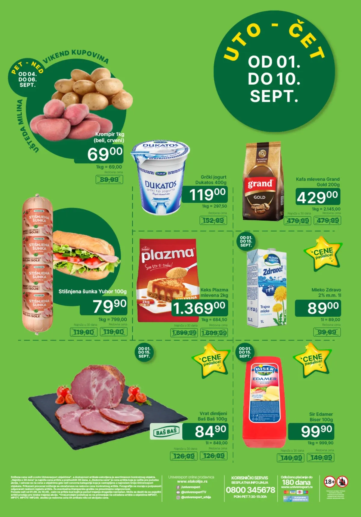 Univerexport nedeljna akcija od 01.09. do 10.09.2026. – krompir, jogurt, kafa, šunka, Plazma, mleko, dimljeni vrat i sir na akciji