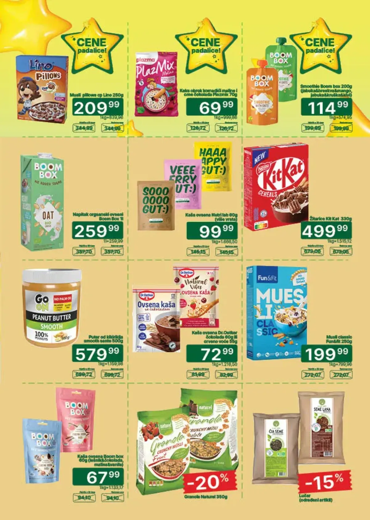 Univerexport katalog strana 15 – musli, ovsene kaše, žitarice, puter od kikirikija i smoothie napici