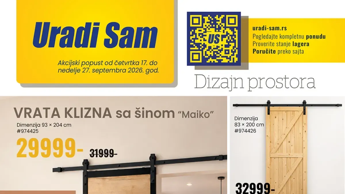 Uradi Sam katalog od 22. do 27.09.2026. donosi akcijske cene kliznih i ulaznih vrata, PVC ormara, kutija i opreme za uređenje doma