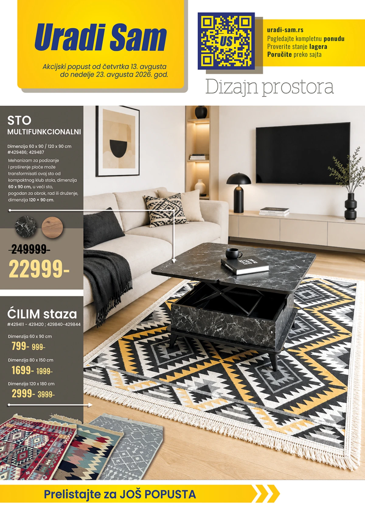 Uradi Sam katalog od 13.08. do 23.08.2026. – akcijske cene stolova, tepiha i opreme za uređenje doma