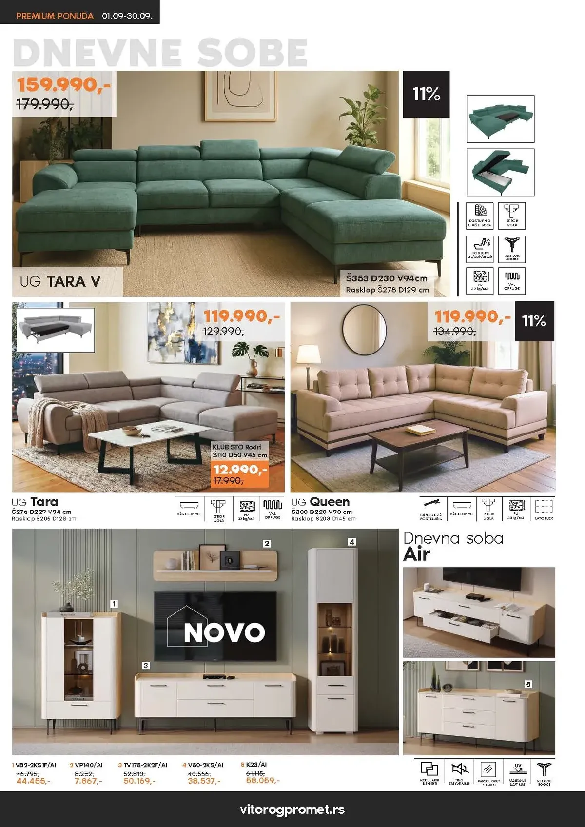 Vitorog katalog septembar 2026. – ugaone garniture Tara V, Tara i Queen i modularna dnevna soba Air