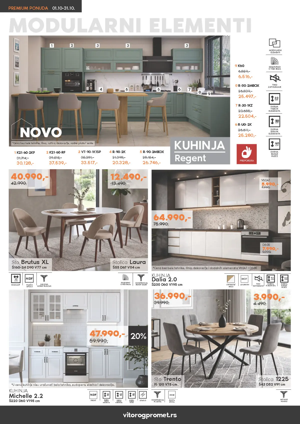 Vitorog katalog oktobar 2026 – kuhinje Regent, Dalia 2.0 i Michelle 2.2, stolovi i stolice