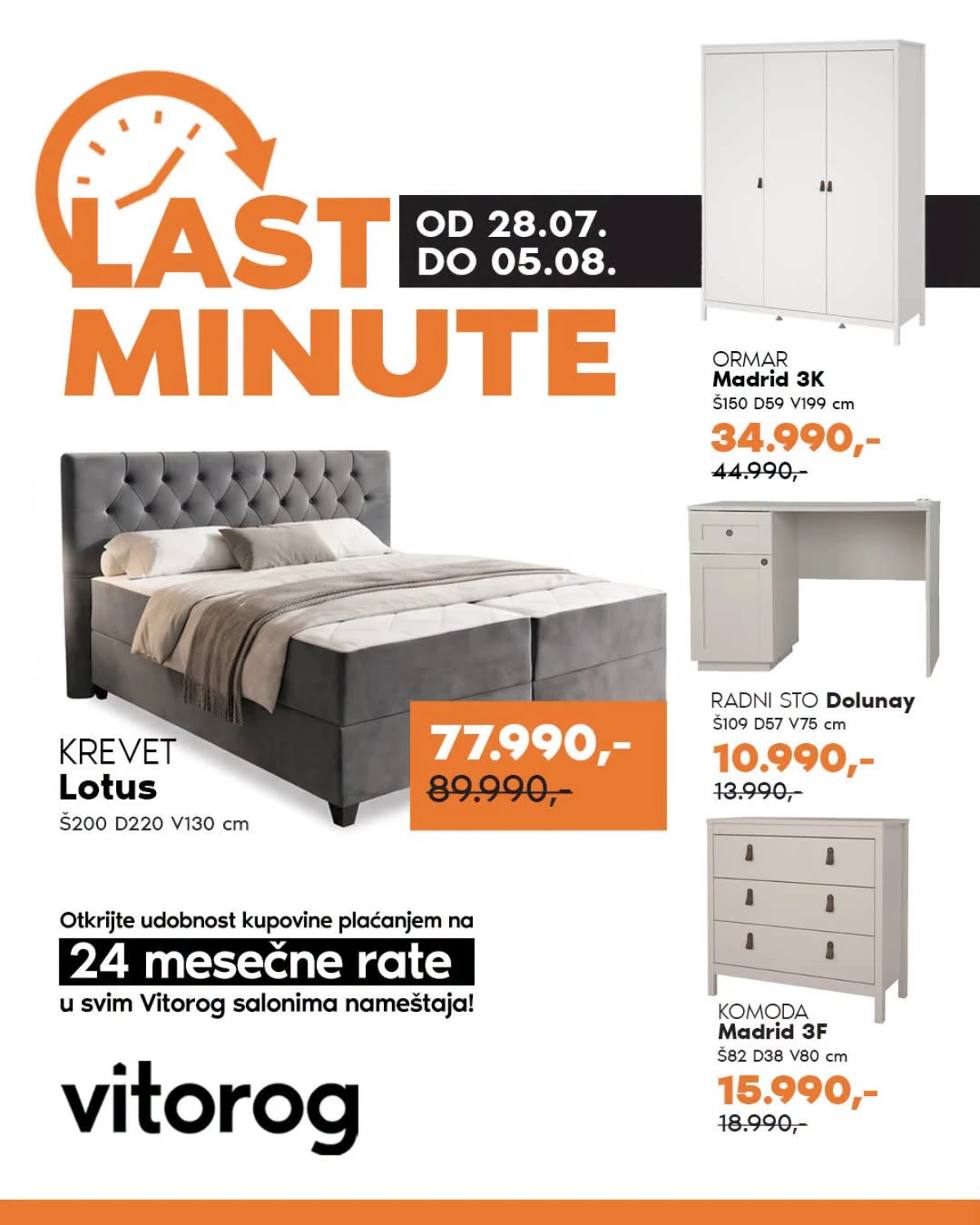 Vitorog Last Minute akcija do 05.08.2026. – krevet Lotus, ormar Madrid, radni sto i komoda po sniženim cenama.